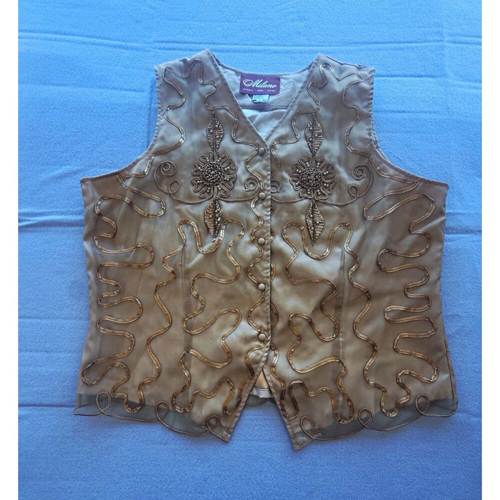 Milano Women’s Beige Sleeveless Button Front Beaded Embroidered Lined Vest 20